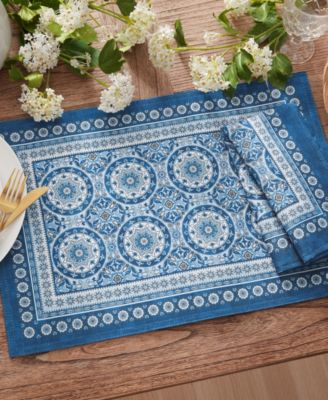 Vietri Medallion Blue Block Print Stain Water Resistant Indoor and Outdoor Napkins, Set of 4