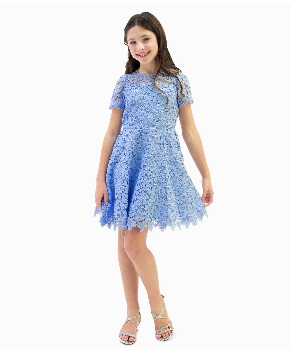 Rare Editions Kids' Big Girls Lace And Illusion Dress In Light Blue