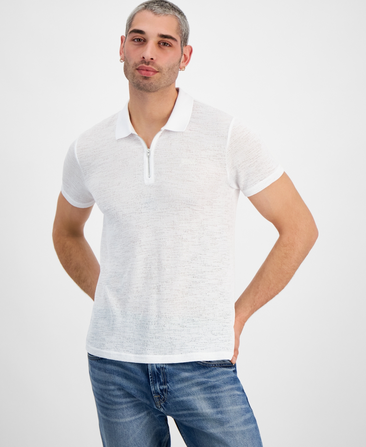 Guess Men's Gauze Jersey Zip-front Polo Shirt In Pure White