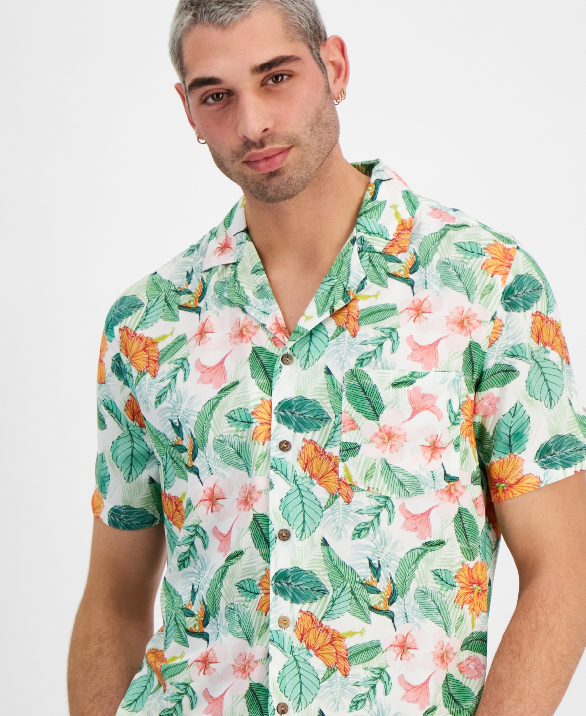 Guess Men's Short Sleeve Palm Print Camp Shirt