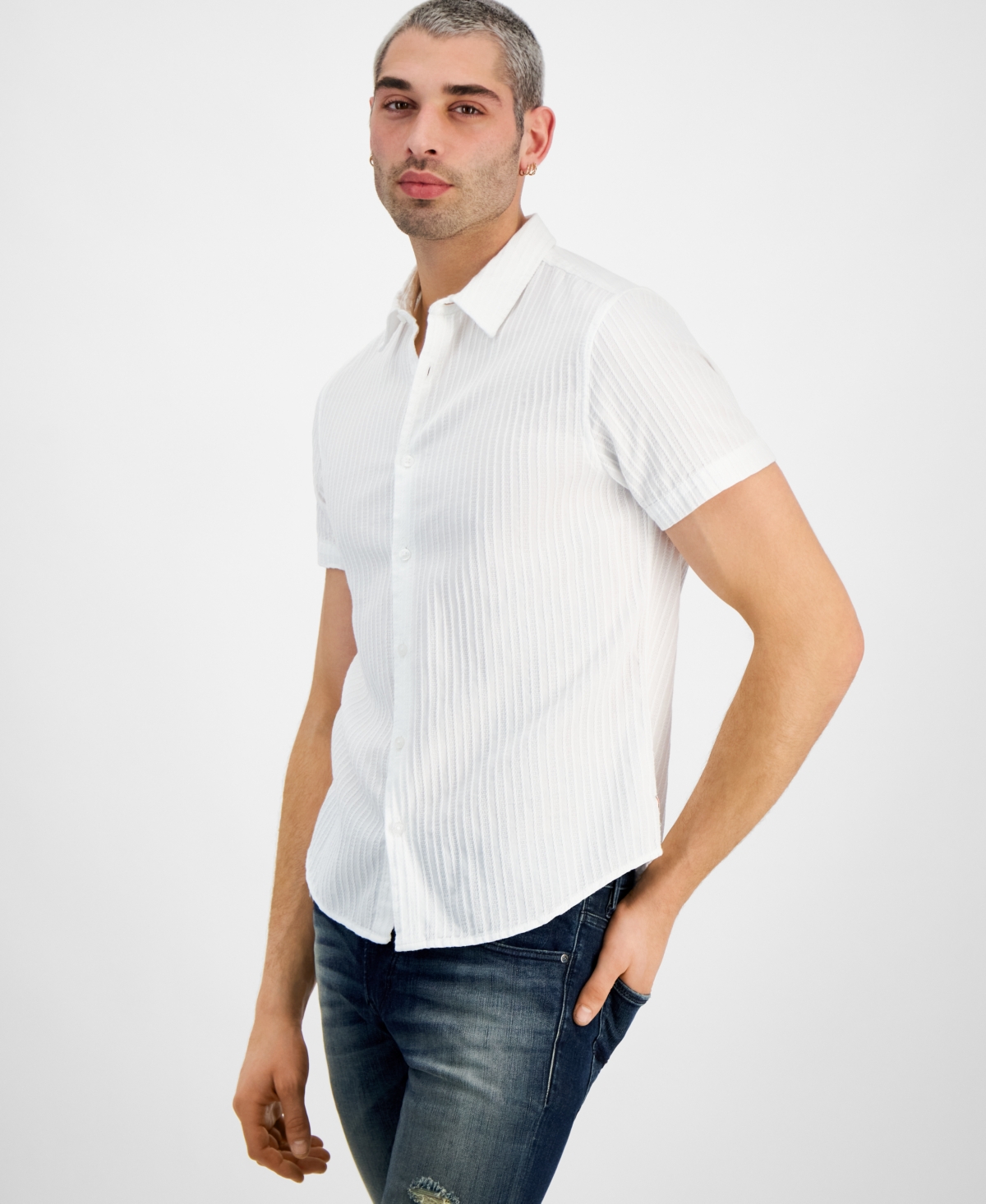 Guess Men's Folded-collar Pillar Dobby Shirt In Pure White