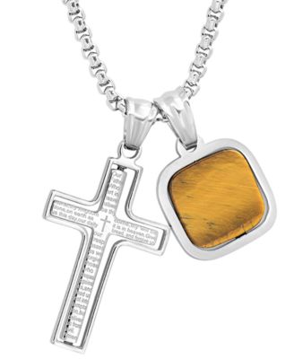 Men's Silver-Tone Our Father English Prayer Spinning Cross & Square Pendant Necklace, 24"