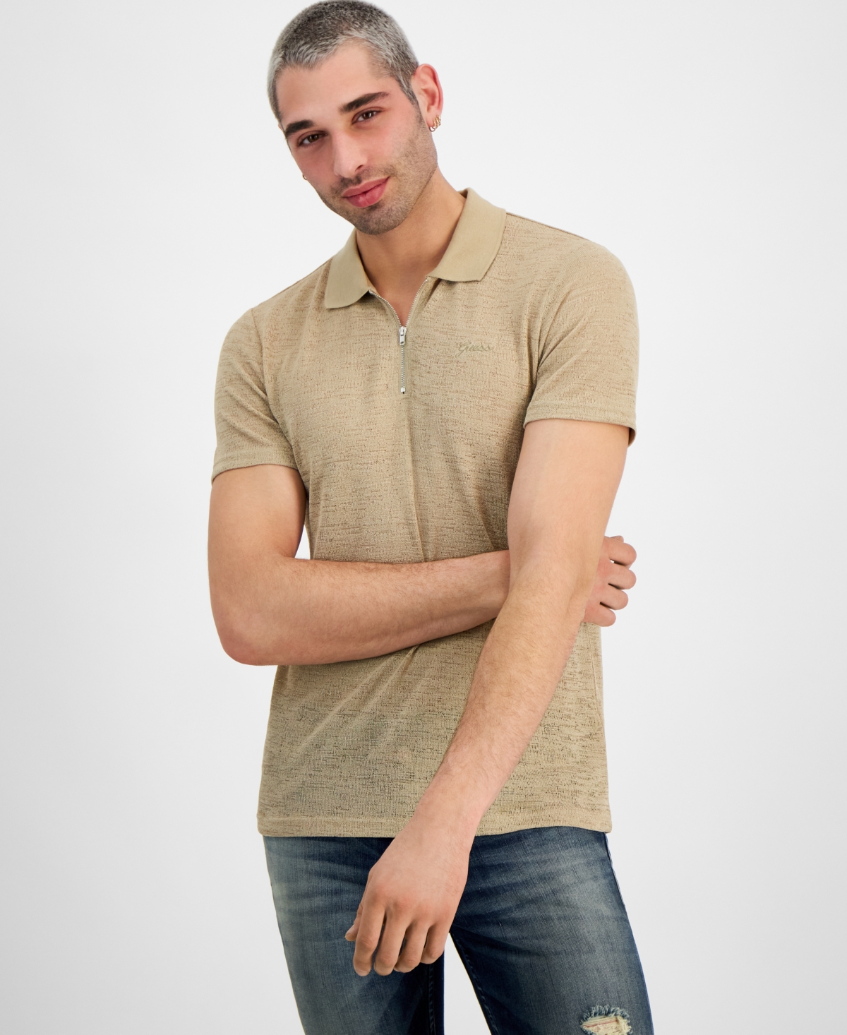Guess Men's Gauze Jersey Zip-front Polo Shirt In Neutral Sand