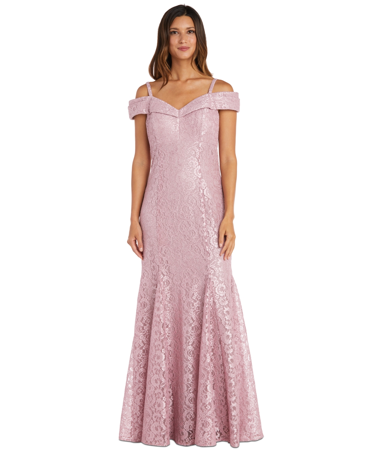 R & M Richards Off-The-Shoulder Lace Gown