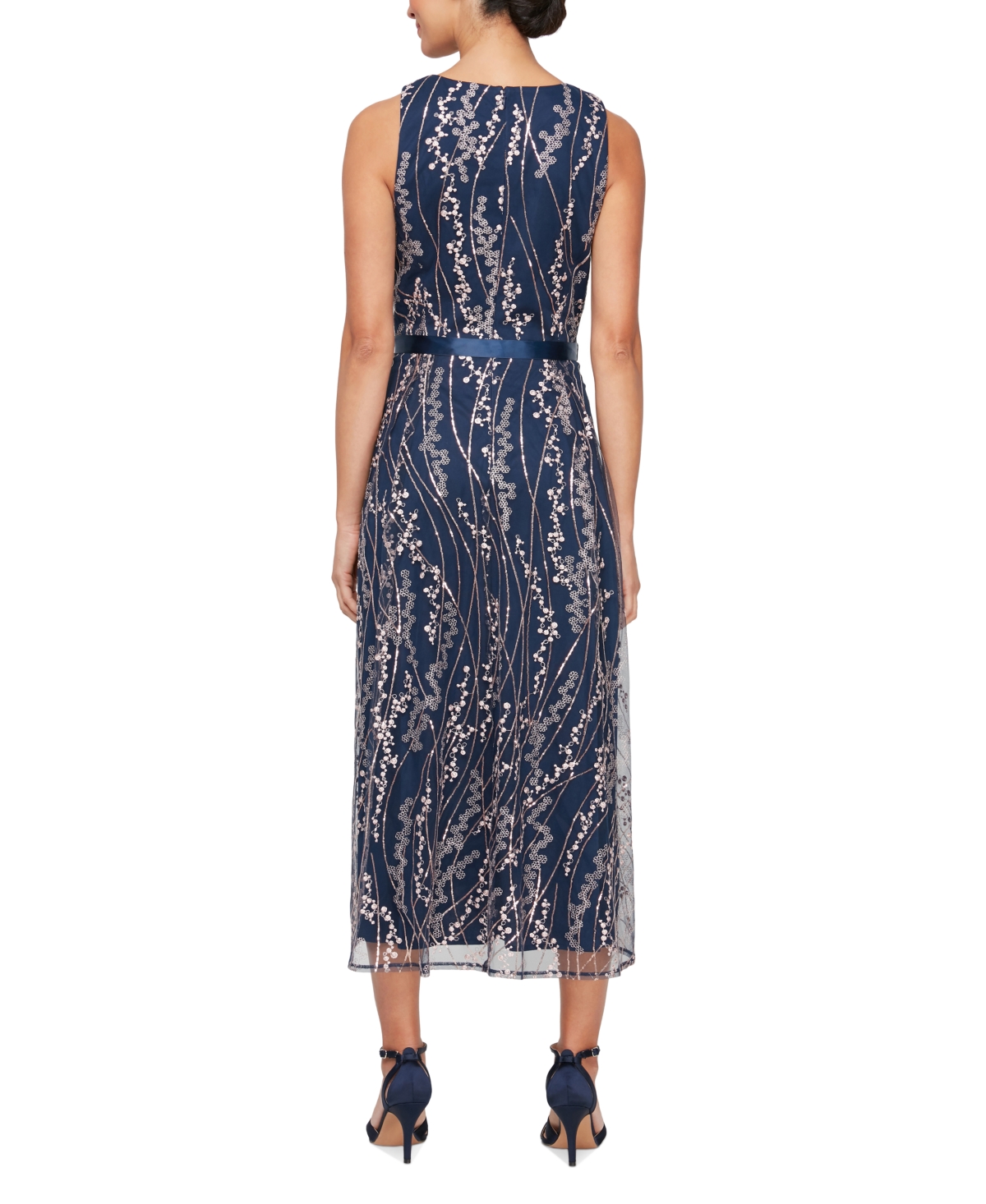 Shop Alex Evenings Women's Metallic Floral Embroidered Sleeveless Midi Dress In Navy,pink
