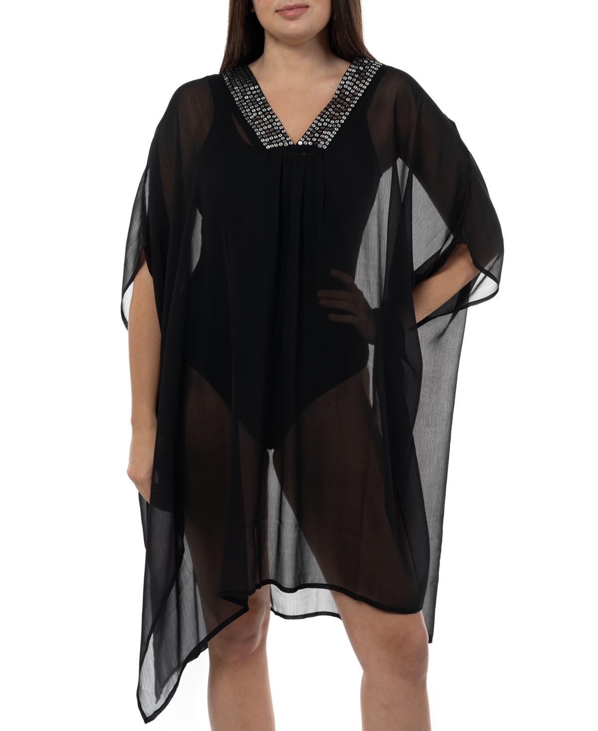 Shop Inc International Concepts Women's Embellished Caftan Cover-up, Created For Macy's In Black Silver