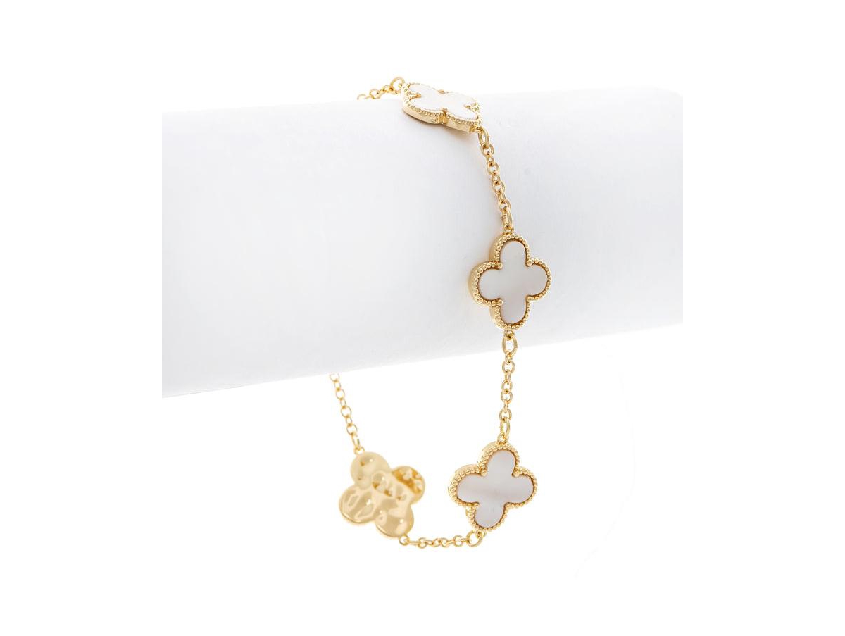 Mother of Pearl Clover Station Bracelet - Gold with white mother of pearl