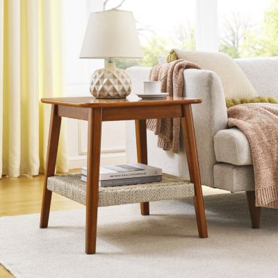 Boho Mid-Century Woven Side Table with Storage
