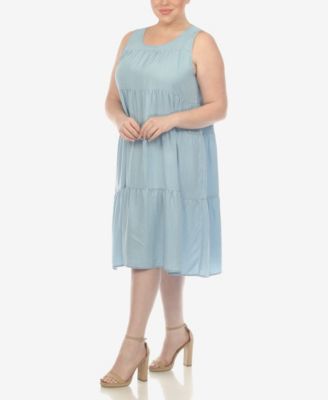 Plus Size Sleeveless Tiered Chambray Midi Dress