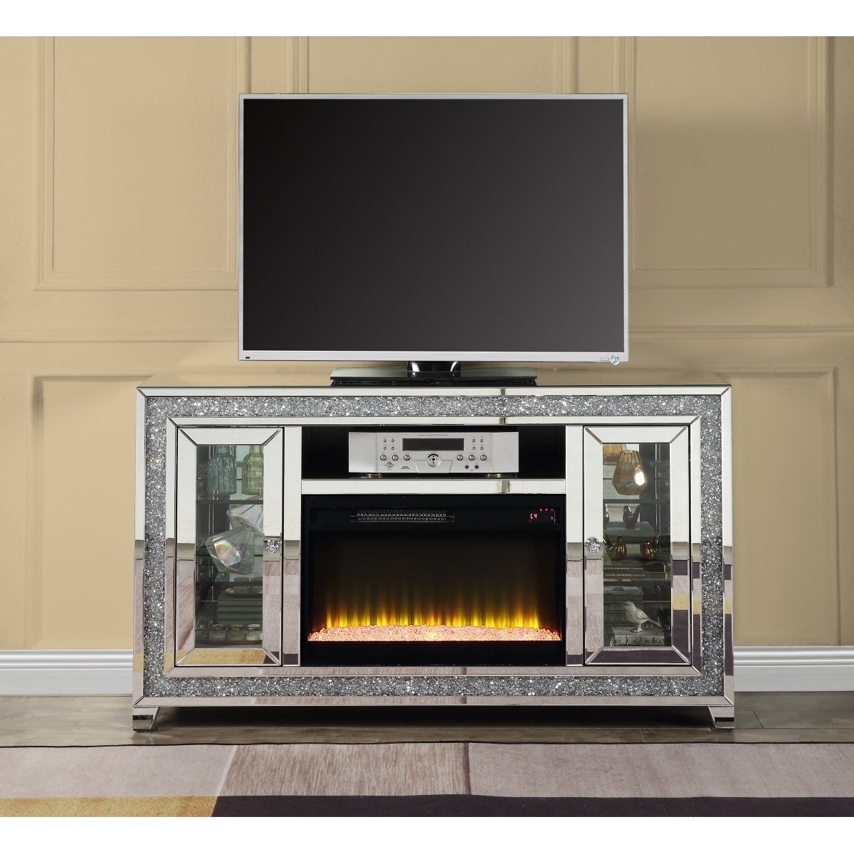 Simplie Fun Noralie Tv Stand W/fireplace & Led Mirrored & Faux Diamonds Lv In Silver