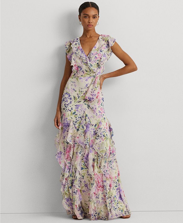 Lauren Ralph Lauren Floral Ruffle-Trim Georgette Gown Women's Dress Cream Multi : 2
