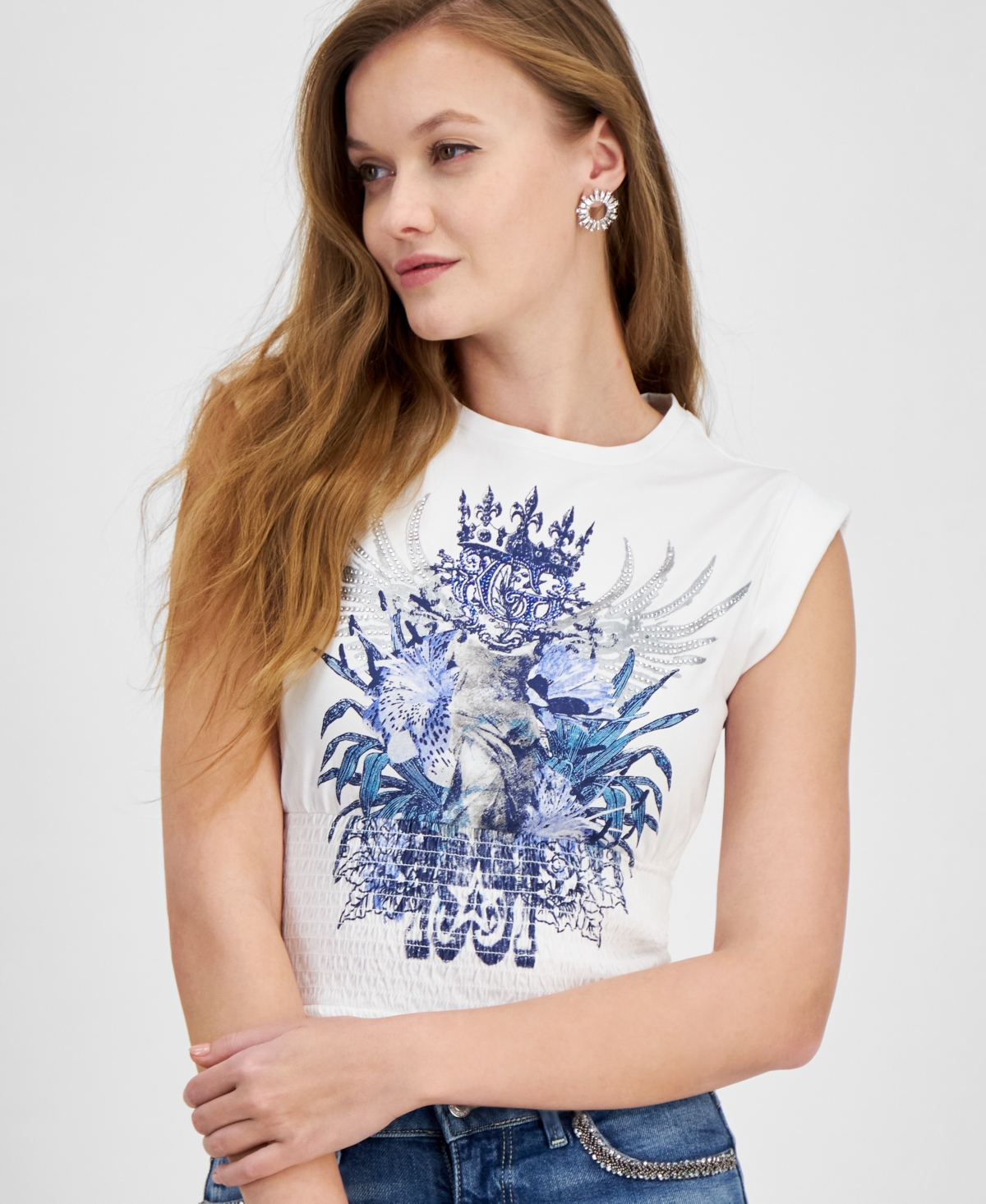 Shop Guess Women's Smocked Embellished Graphic Tank Top In Pure White