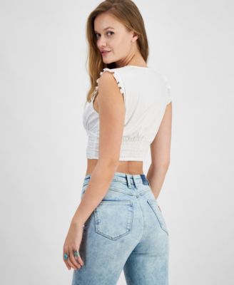 GUESS Women's Zoe Ruffled Smocked Cropped Top