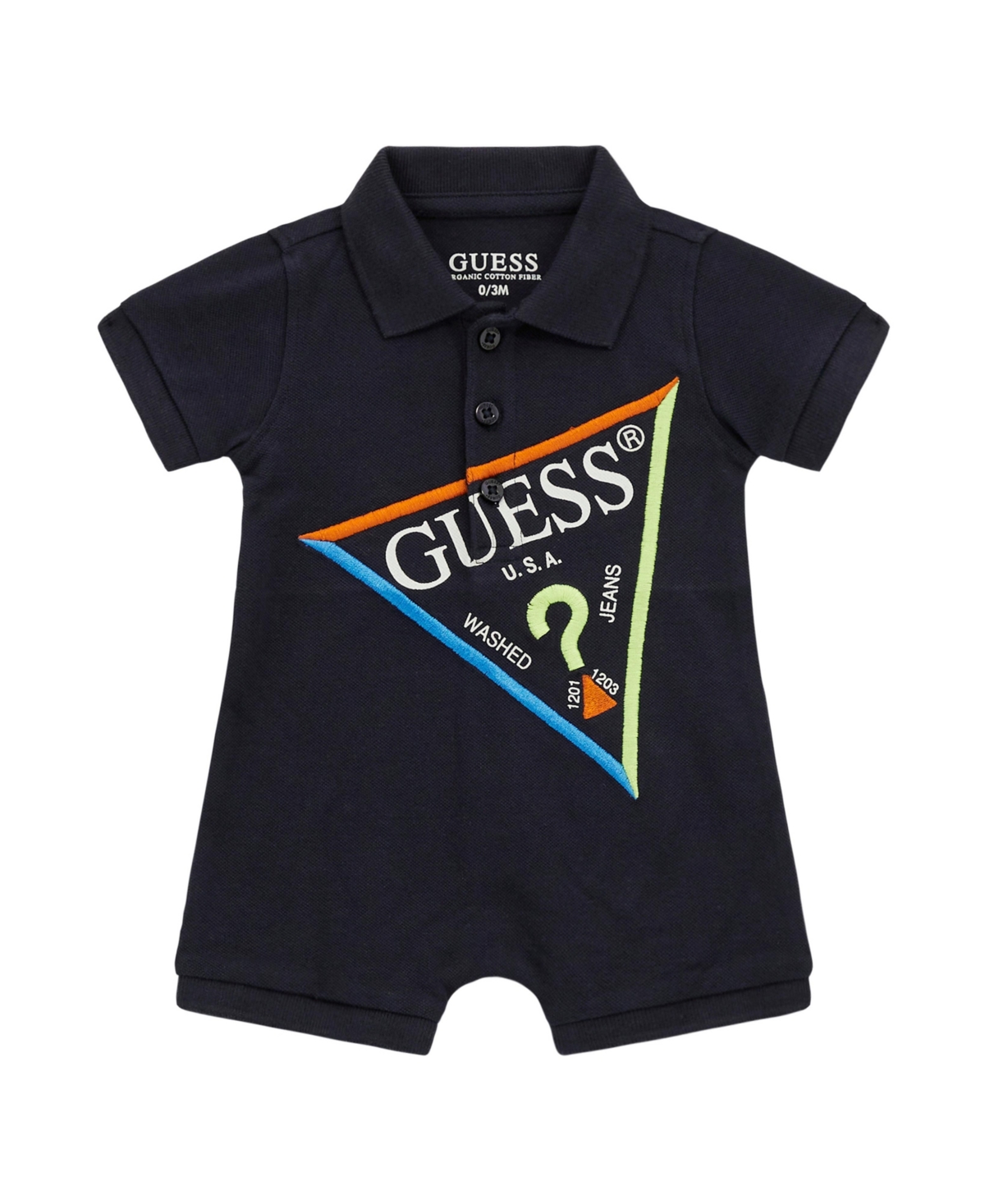 Shop Guess Baby Boys Stretch Pique Triangle Logo Romper In Blue