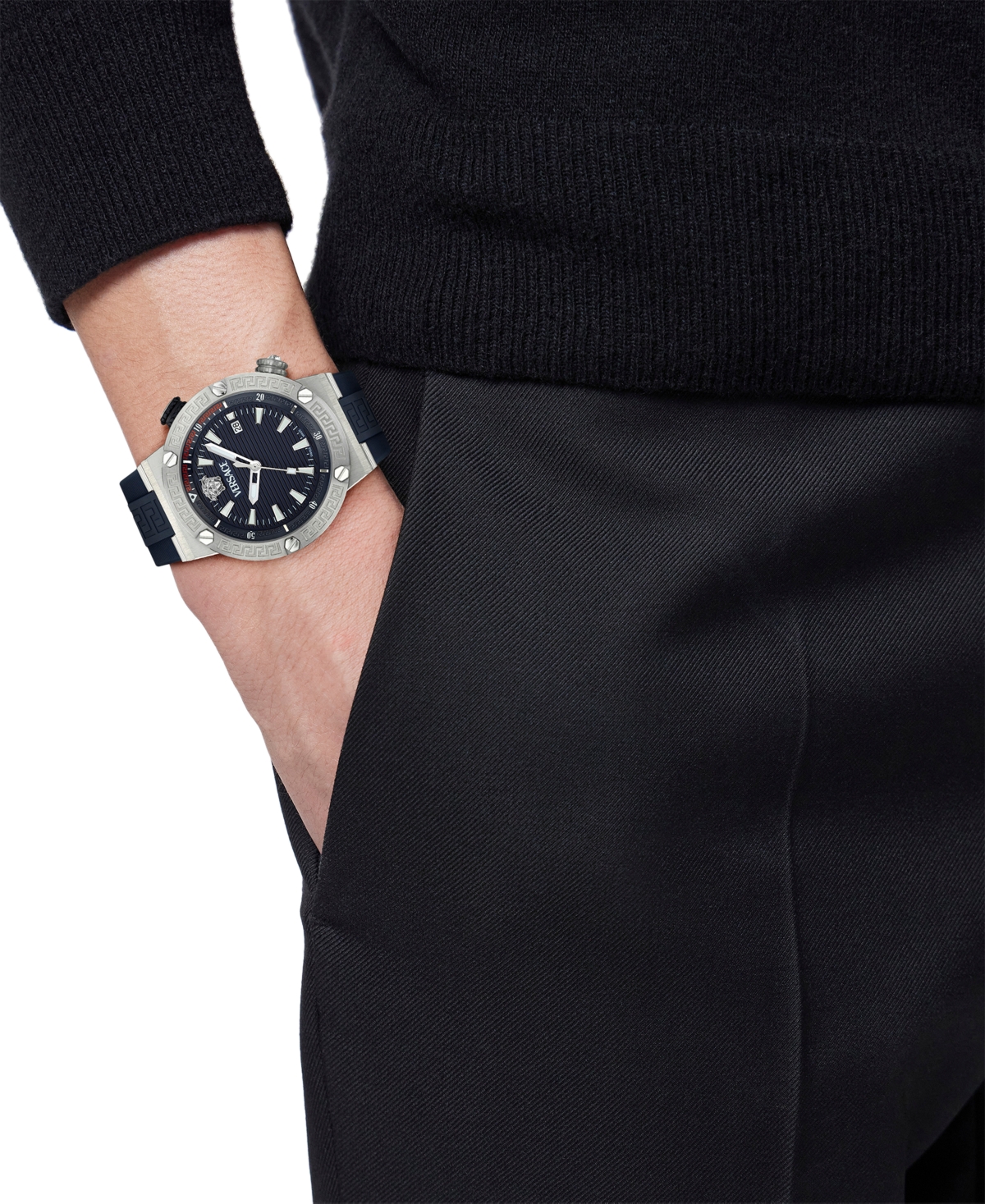 Shop Versace Men's Swiss Blue Rubber Strap Watch 43mm In Stainless