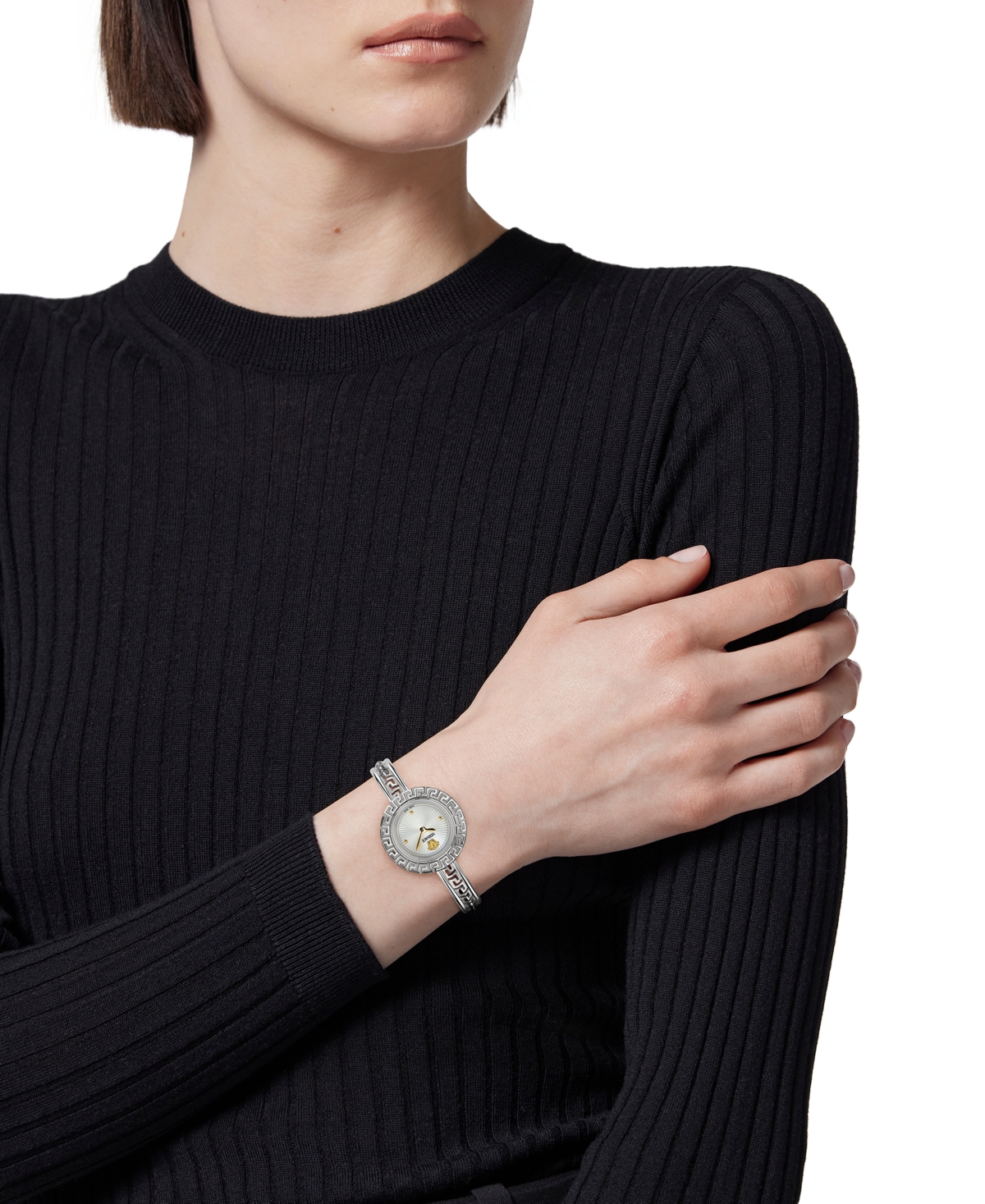 Versace La Greca Stainless Steel Bangle Bracelet Watch With Wrap Leather Strap, 28mm In Stainless
