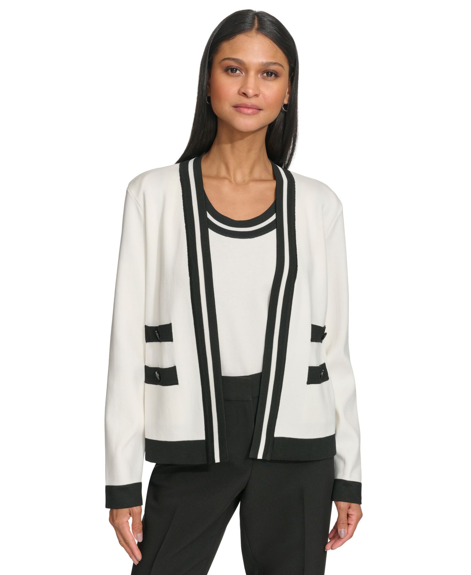 Petite Open-Front Long-Sleeve Knit Cardigan with Contrast Trim