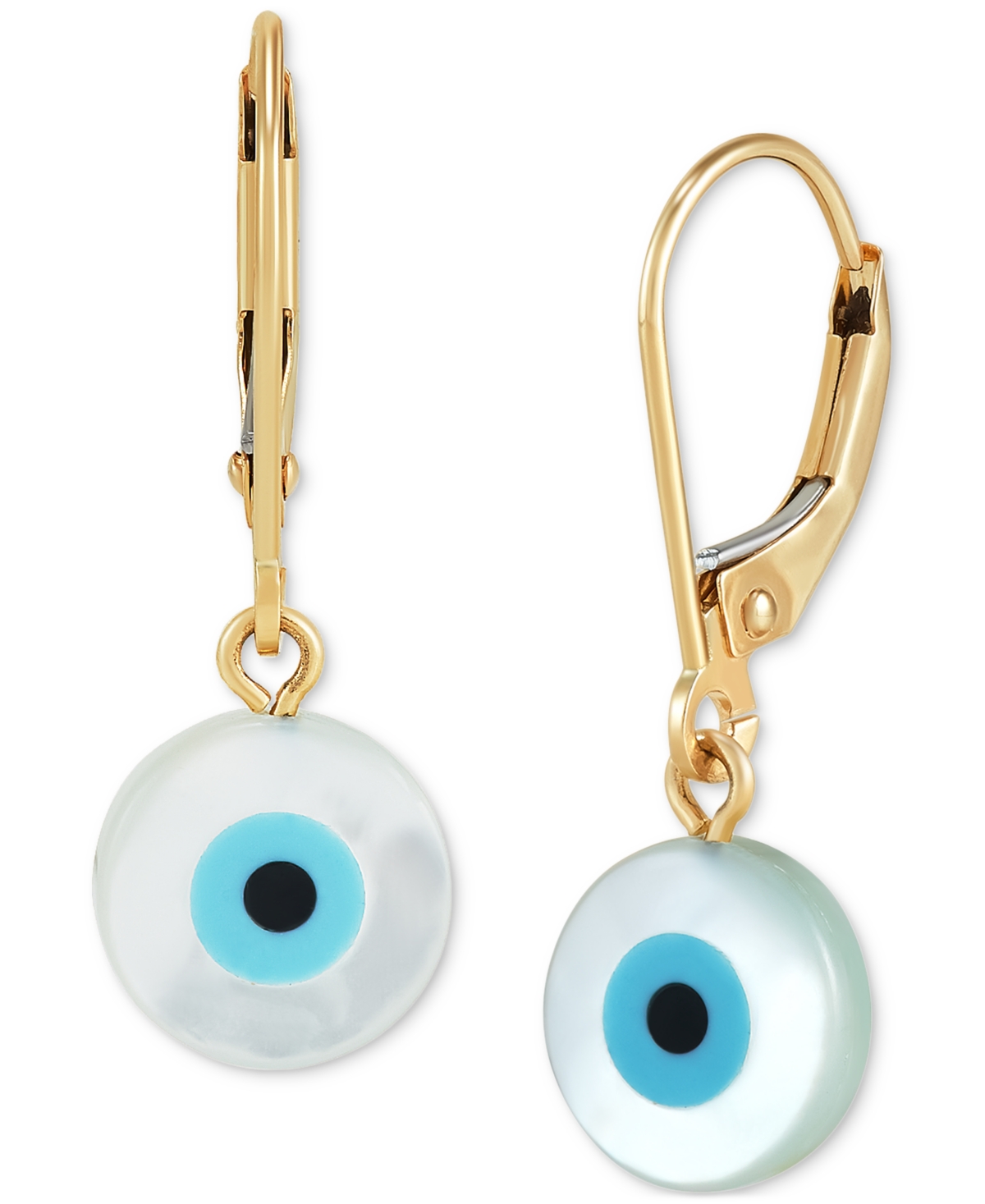 Mother of Pearl & Enamel Evil Eye Leverback Drop Earrings in 10k Gold - Yellow Gold