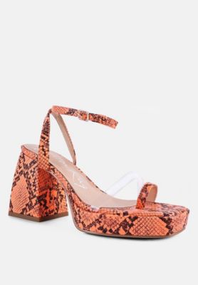 Womens Such Flirt Snake Print Triangular Block Heel Sandals