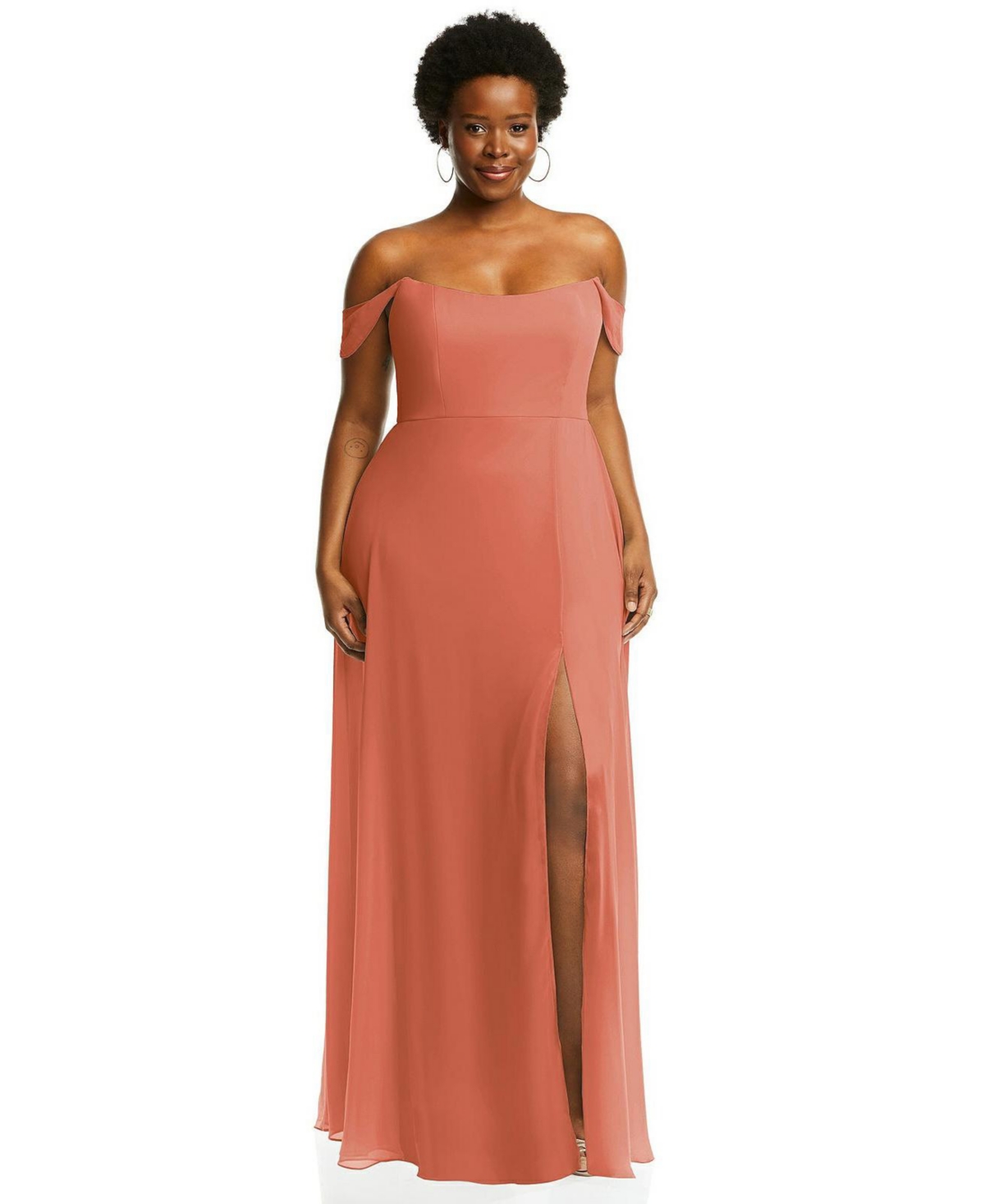 Plus Size Off-the-Shoulder Basque Neck Maxi Dress with Flounce Sleeves - Tea rose