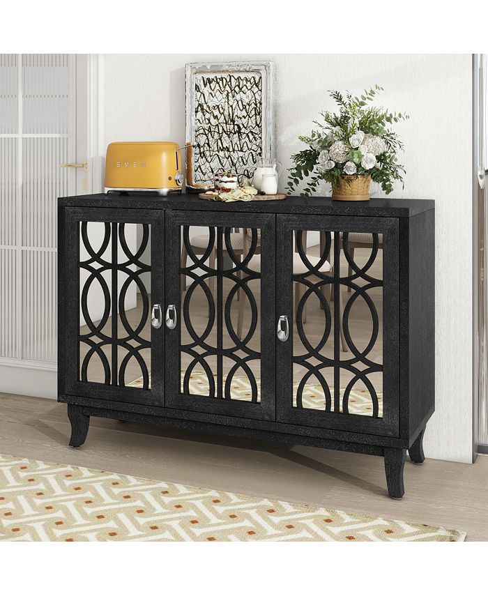 Sideboard with Glass Doors 3 Door Mirrored Buffet Cabinet with Handle for Living Room