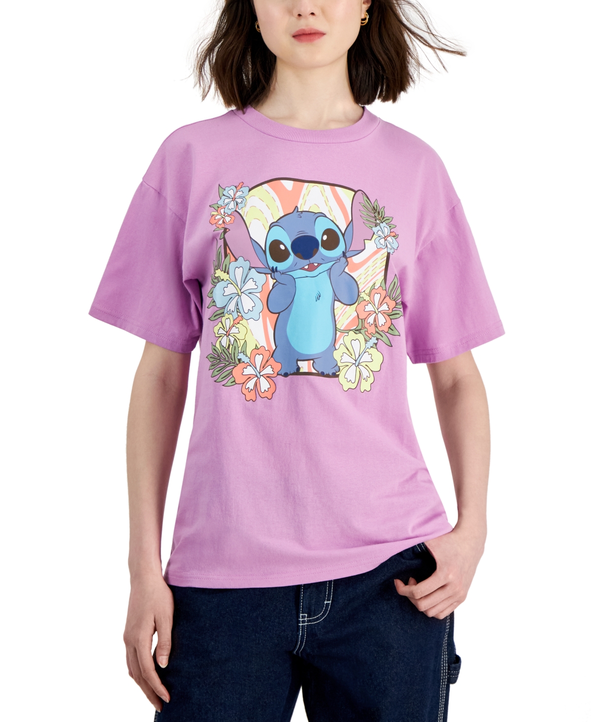 Juniors' Stitch Floral Boyfriend T-Shirt - Purple