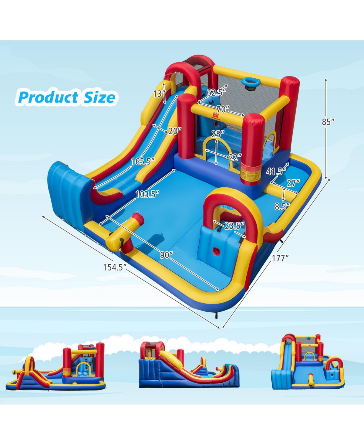 Inolait 1 Outdoor Inflatable Bounce House with Water Slides and Splash Pools with 750W Blower