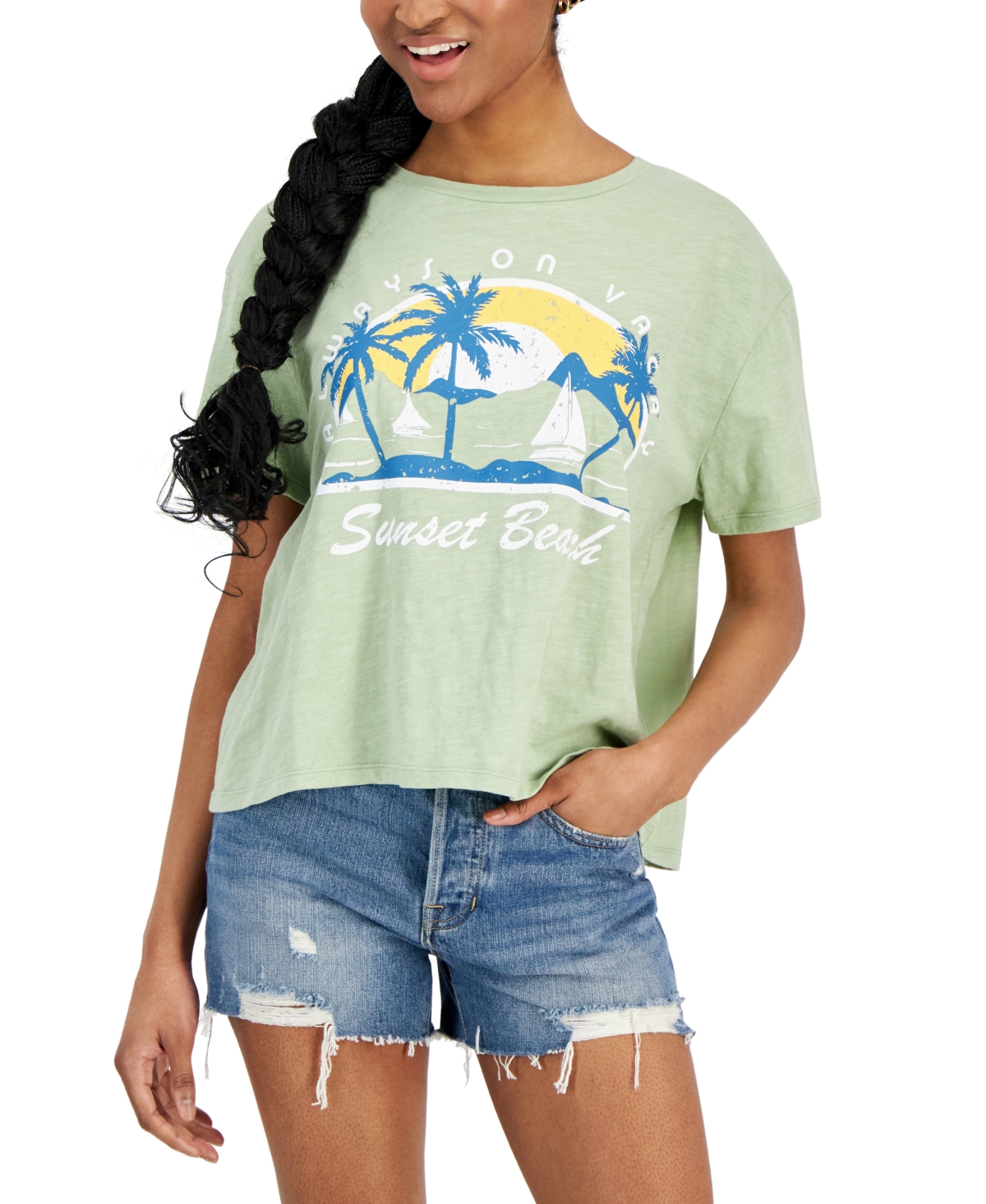 Juniors' Sunset Beach Cotton Short-Sleeve T-Shirt - Green
