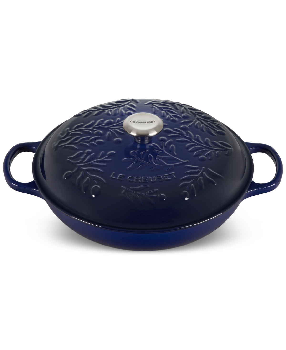 Shop Le Creuset Cast Iron Braiser With Embossed Olive Branch, 3.5 Qt In Indigo