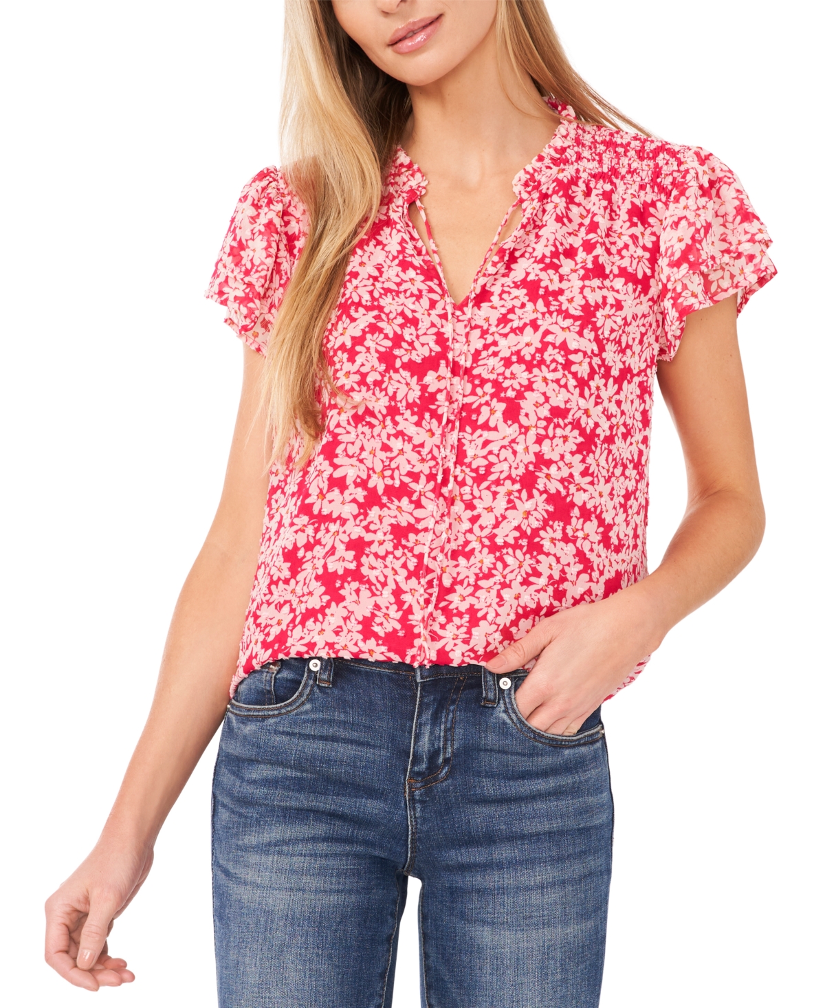 Shop Cece Women's Floral Clip-dot Tie-neck Flutter-sleeve Top In Bright Rose
