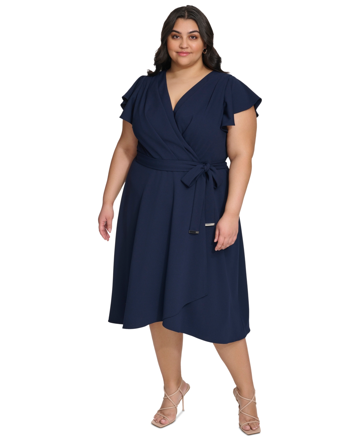 Shop Dkny Plus Size Surplice-neck Flutter-sleeve Faux-wrap Dress In Navy