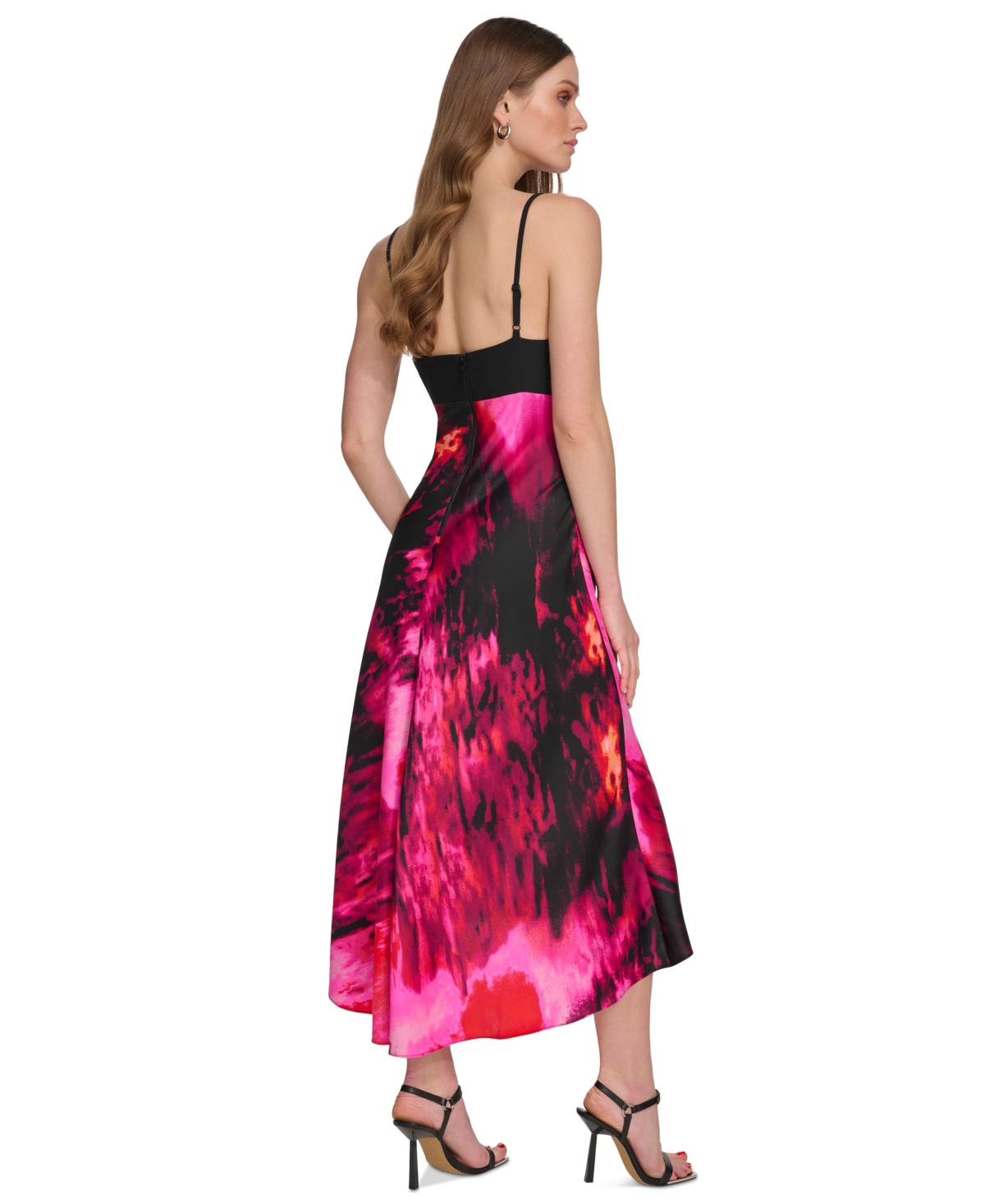 Shop Dkny Women's Sweetheart-neck Satin Back Crepe Dress In Black,shocking Pink Multi