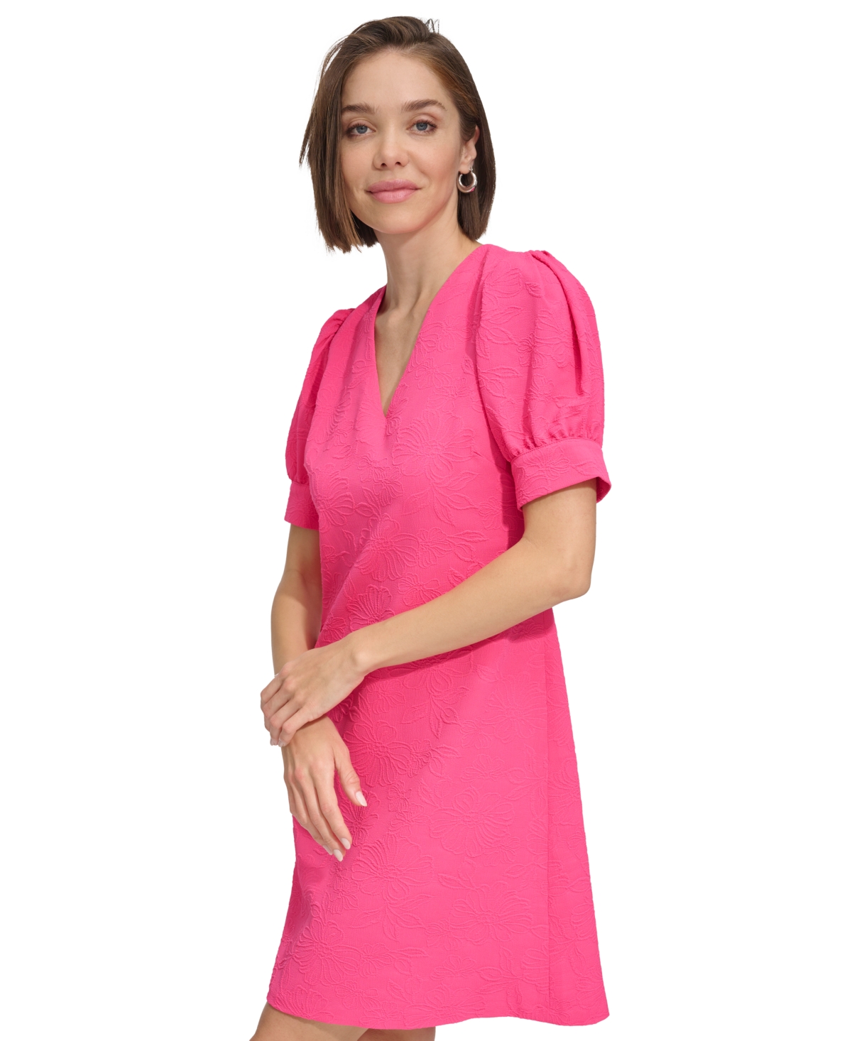 Shop Tommy Hilfiger Petite Puff-sleeve Jacquard Dress In Hot Pink