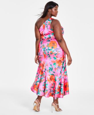 Eliza J Plus Size Printed Asymmetric-Neck One-Shoulder Dress