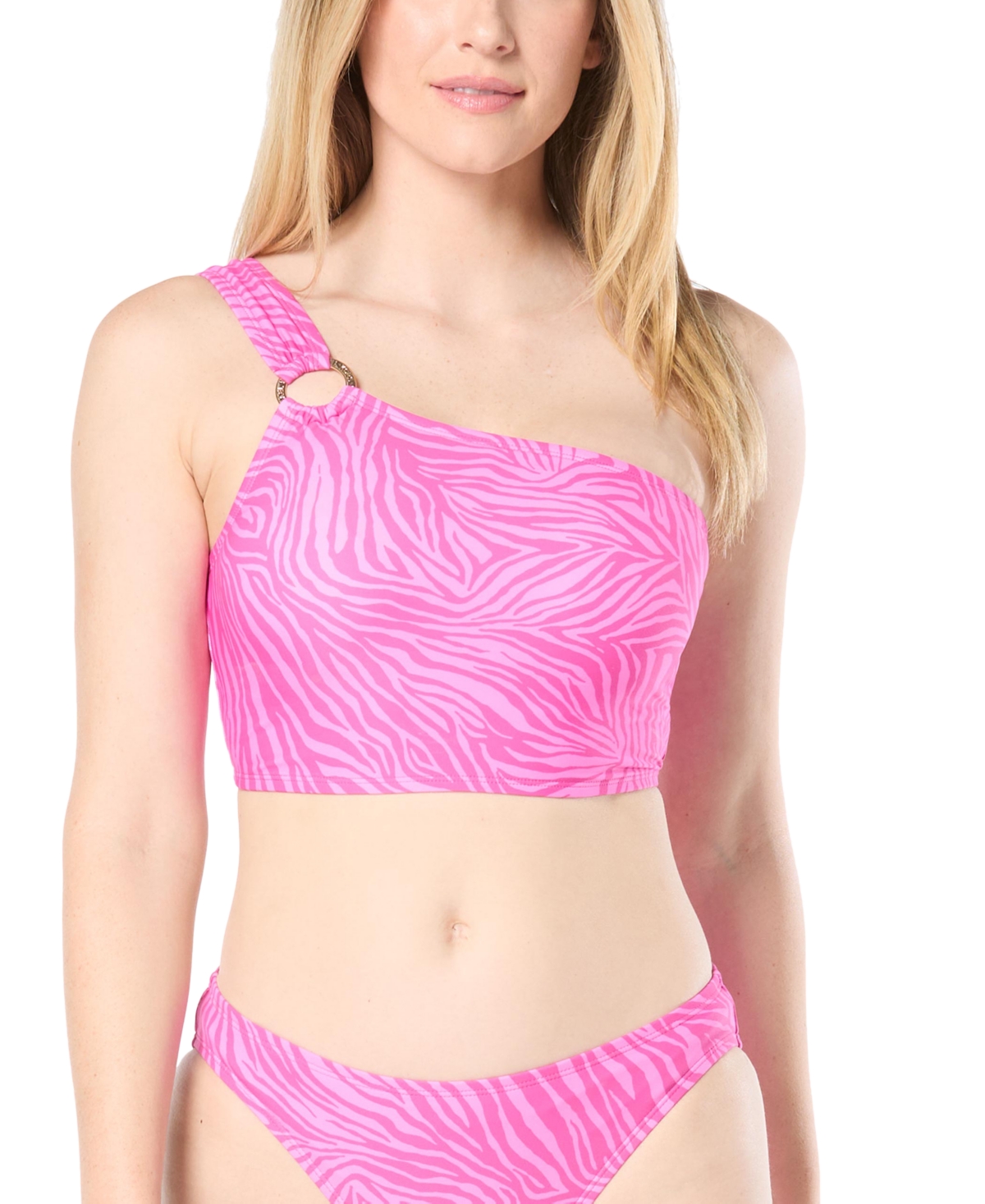Shop Michael Kors Michael  Women's One-shoulder O-ring Bikini Top In Pink