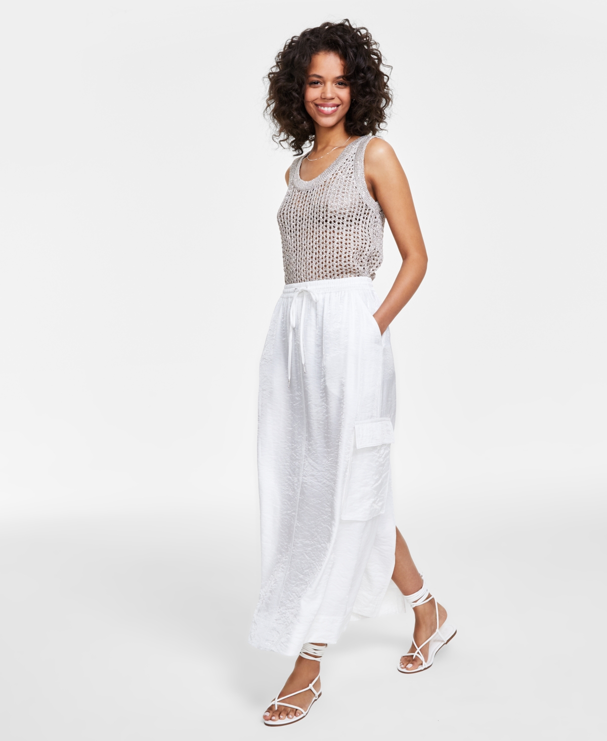 Bar Iii Petite Shine Satin Drawstring-Waist Cargo Skirt, Created for Macy's