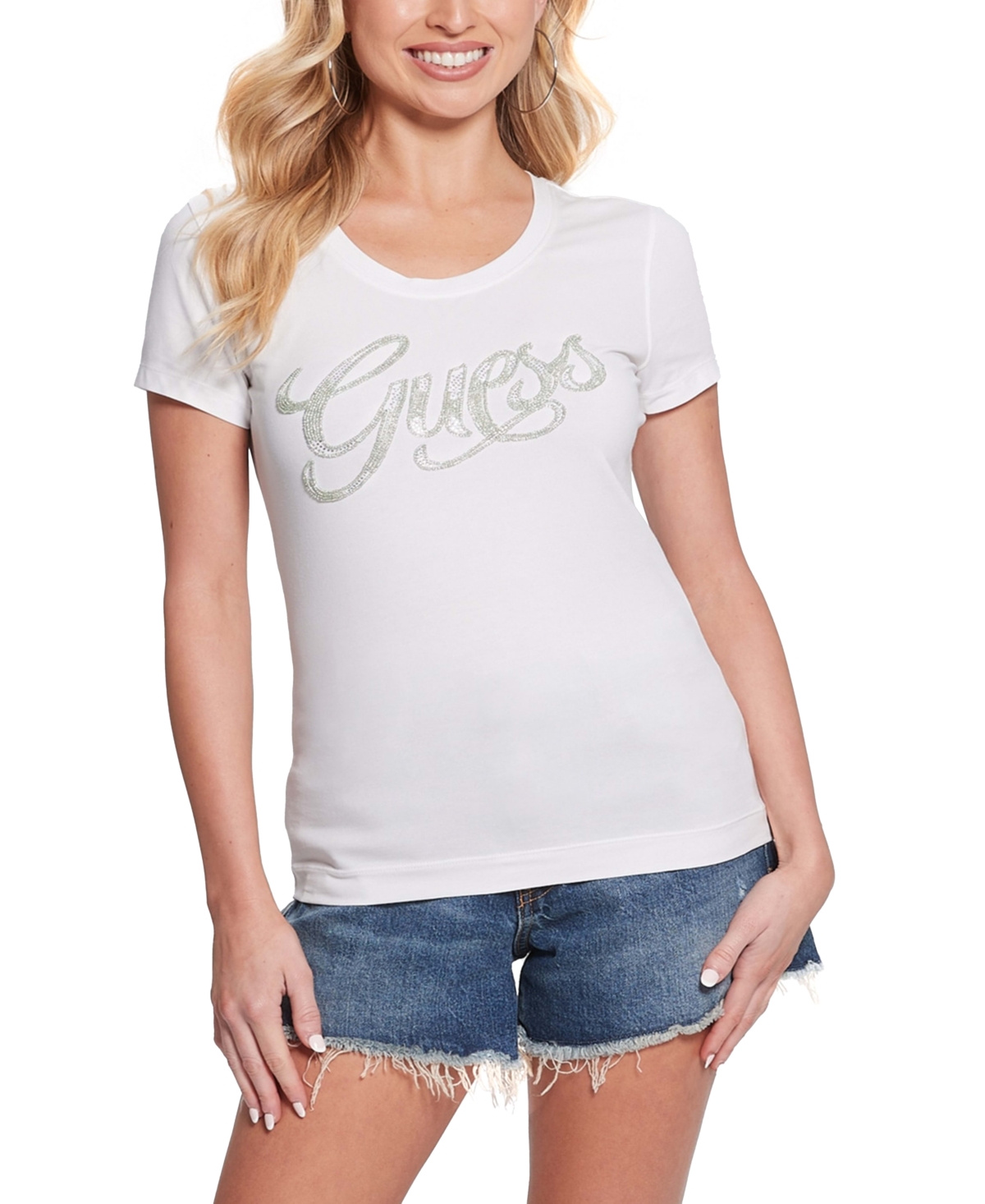 Shop Guess Women's Embellished Script Logo T-shirt In Pure White