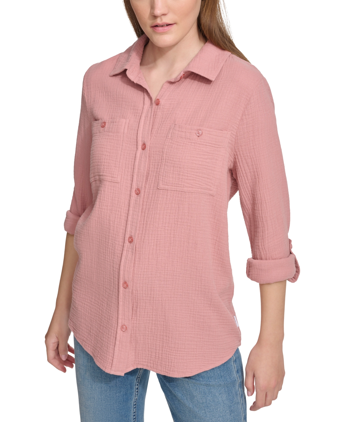 Calvin Klein Jeans Est.1978 Women's Double-crepe Button-down Roll-tab-sleeve Shirt In Ash Rose