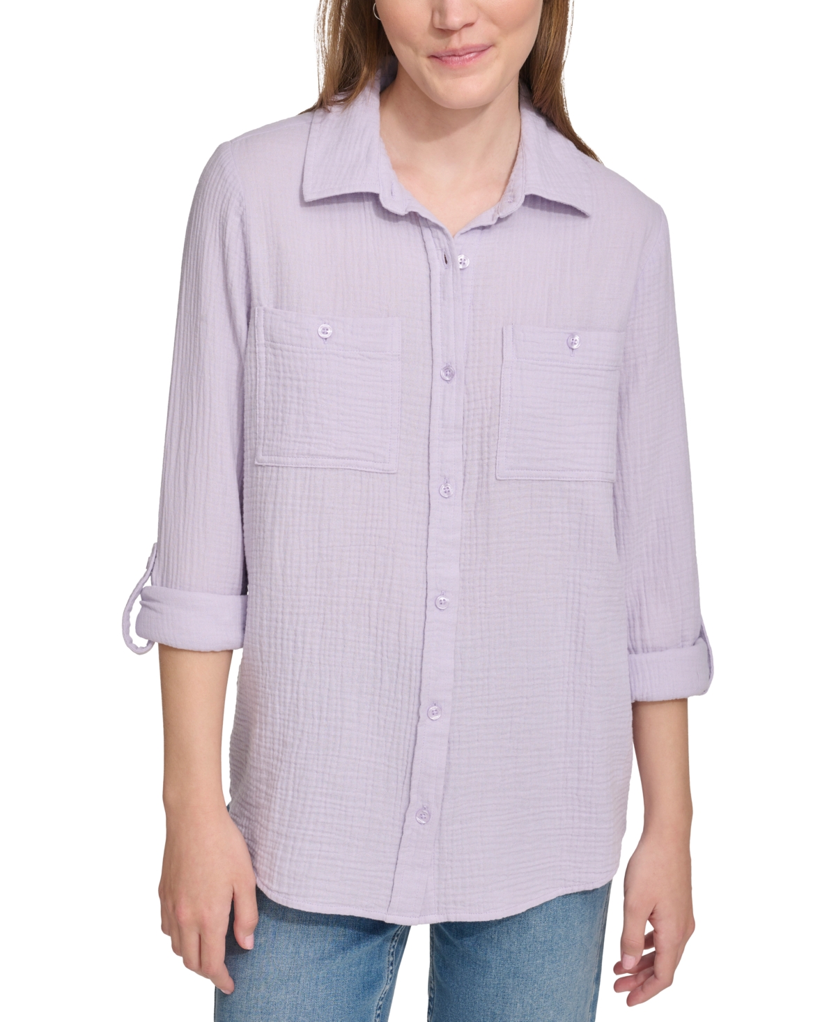 Calvin Klein Jeans Est.1978 Women's Double-crepe Button-down Roll-tab-sleeve Shirt In Orchid