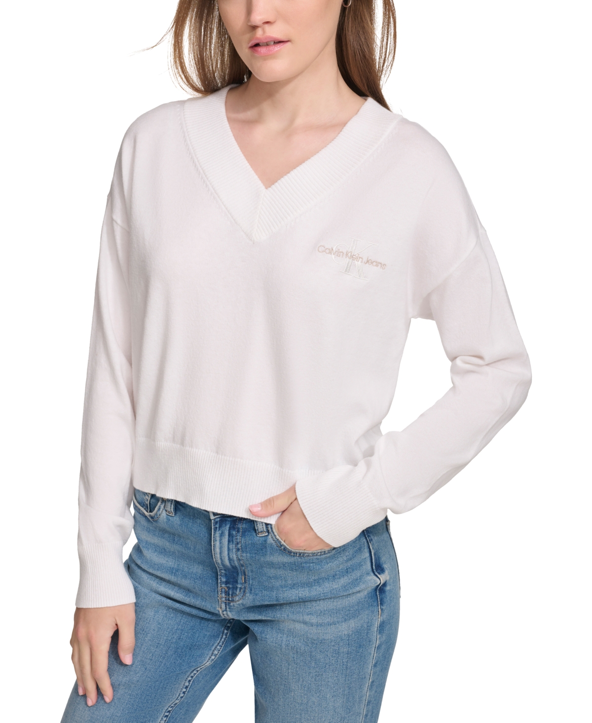 Calvin Klein Jeans Est.1978 Women's Dropped-shoulder Long-sleeve V-neck Top In White,white,suede