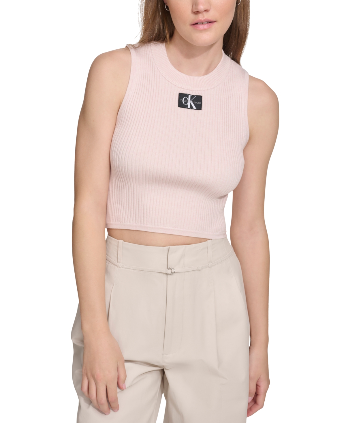 Calvin Klein Jeans Est.1978 Women's Ribbed Angled-hem Cropped Logo Top In Enchant Heather