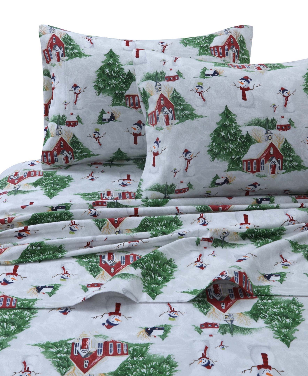 Tribeca Living Holiday Printed Cotton Flannel Extra Deep 4-pc. Sheet Set, Queen In Red And Green Snowman
