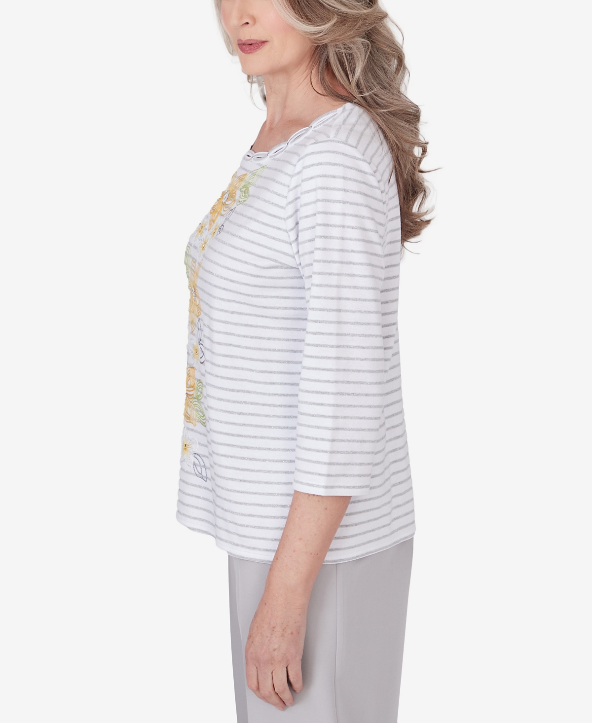 Alfred Dunner Petite Charleston Striped Floral Embroidered Top
