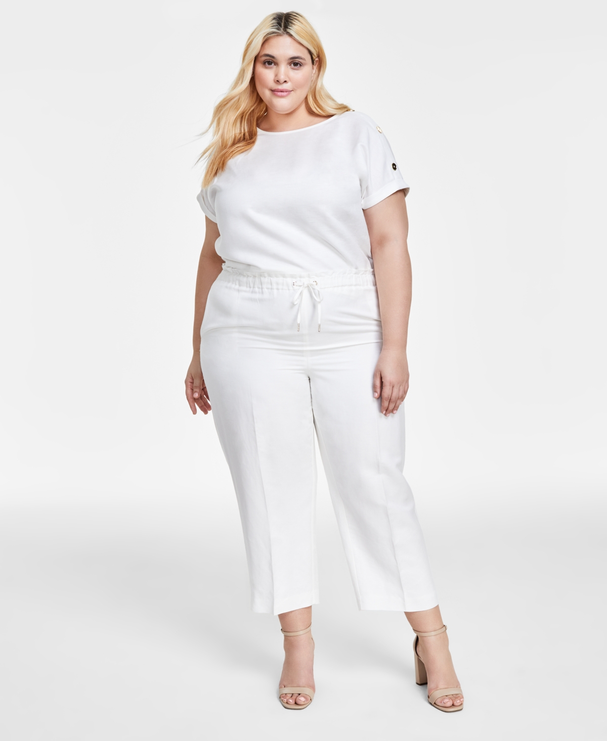 Anne Klein Plus Size Mid Rise Drawstring Crop Pants In Bright White
