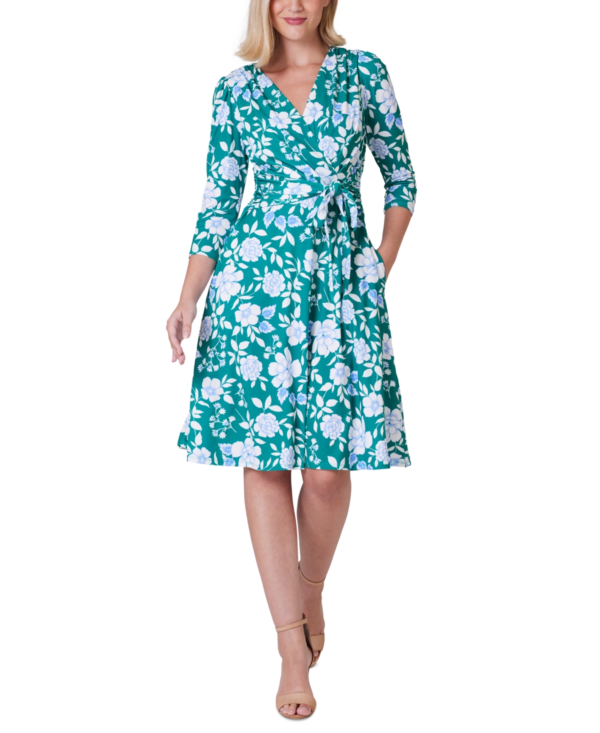 Women's Floral-Print 3/4-Sleeve Wrap Dress - Green Mult