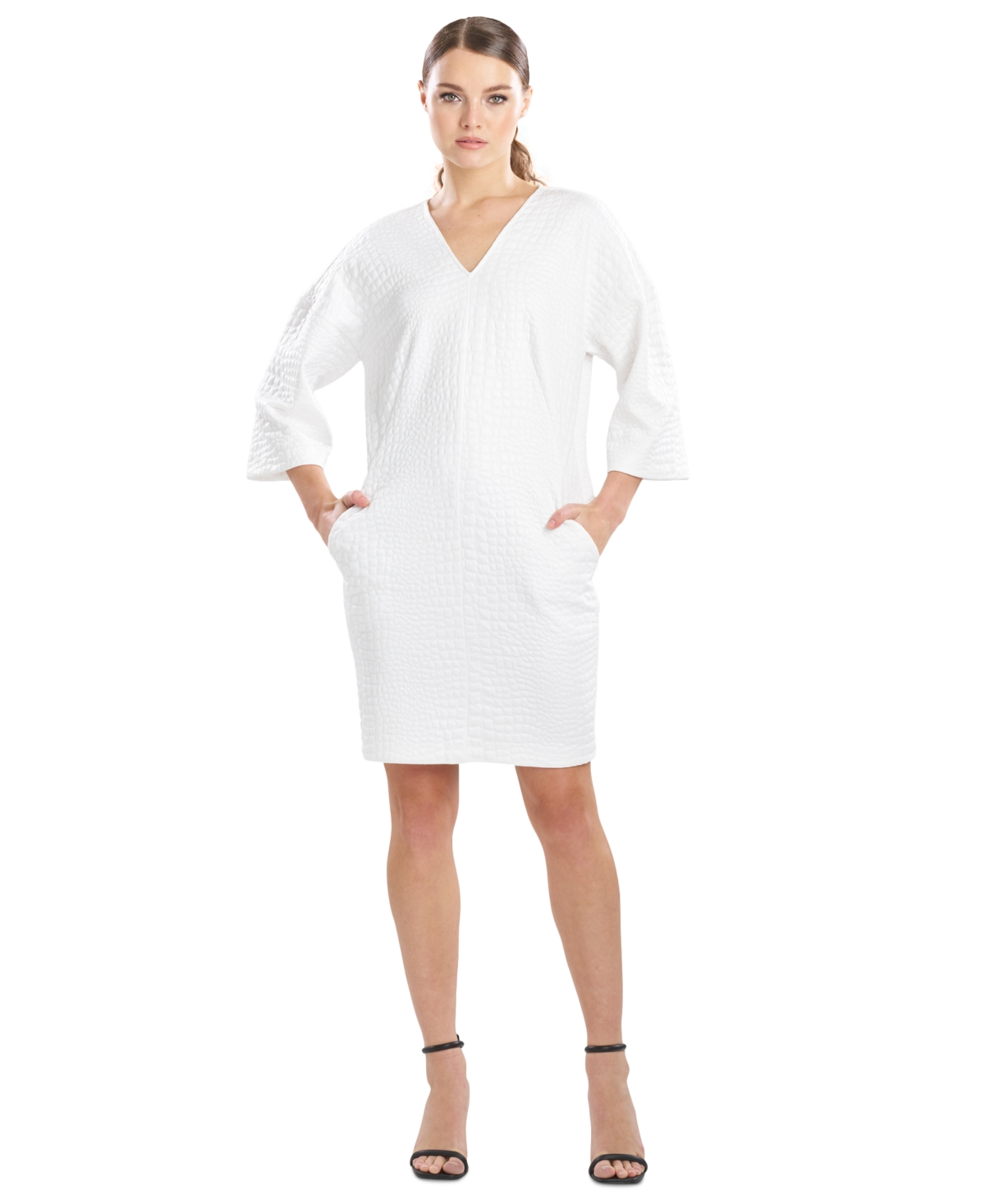 Women's Textured V-Neck 3/4-Sleeve Dress - White