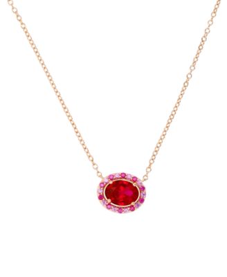 Macy's - Lab-Grown Ruby (1-7/8 ct. t.w.) & Lab-Grown Pink Sapphire (1/10 ct. t.w.) Oval Halo 18" Pendant Necklace in 14k Rose Gold-Plated Sterling Silver