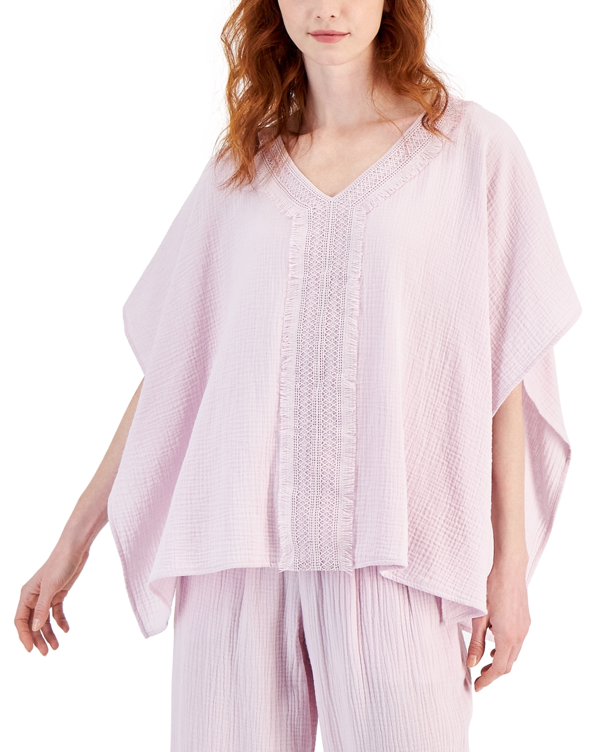 Shop Jm Collection Women's Lace-trim V-neck Gauze Poncho Top, Created For Macy's In Lilac Sky
