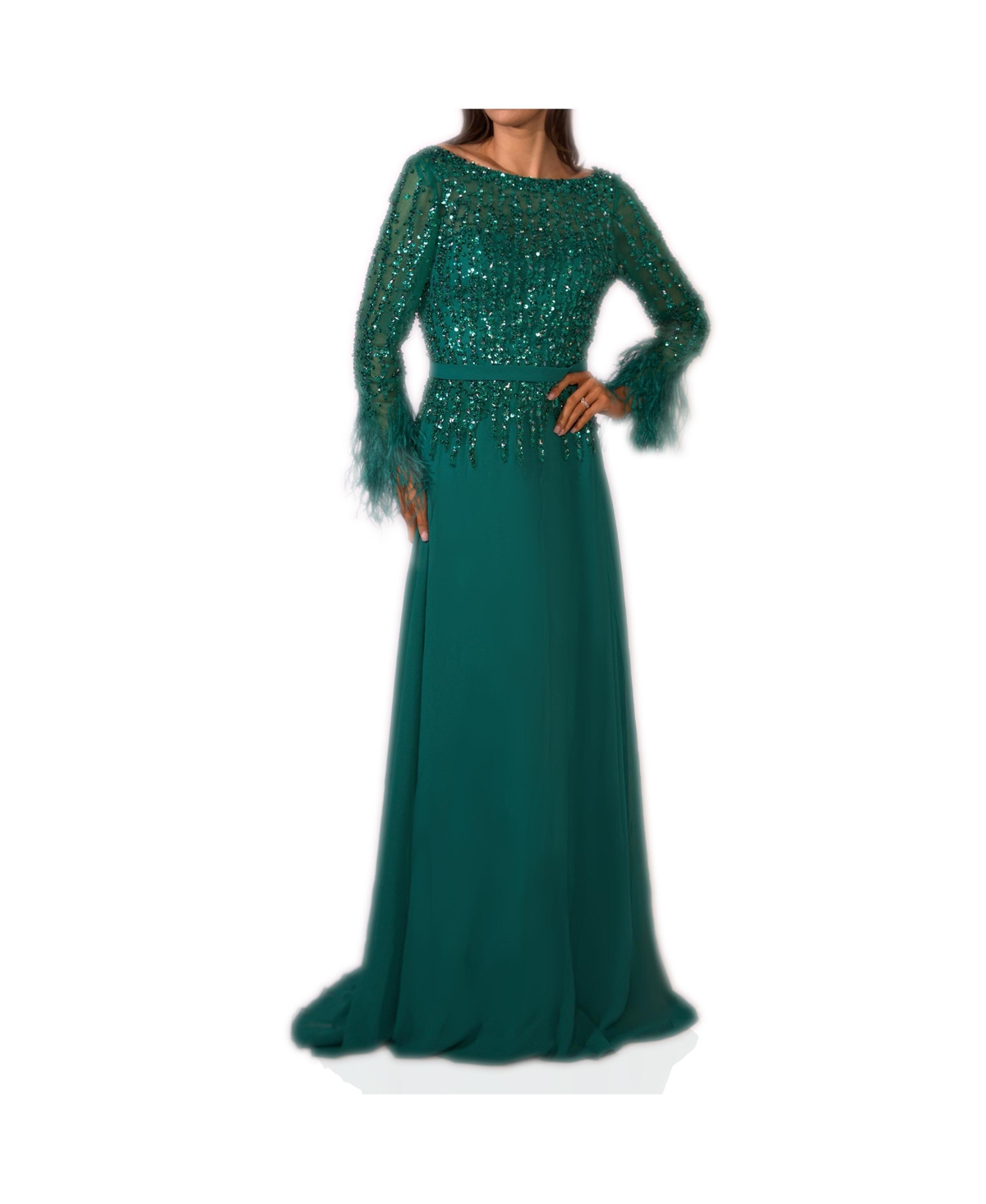 A-Line Long Gown with Illusion Boat Neckline - Emerald
