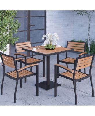 Alani Five Piece Faux Teak Patio Dining Set For Indoor And Outdoor Use - Square Table And Four Club Chairs With Arms